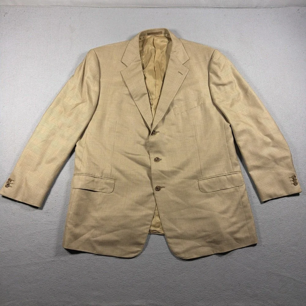 Ermenegildo Zegna Blazer Mens EU 54 Beige Silk Wool Plaid Sport Coat Jacket